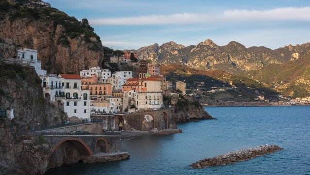 Atrani, Italy along the Amalfi Coast from dusk till night.