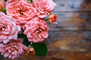 Orange roses on a wooden background. Place for text. Holiday postcard. Copy space