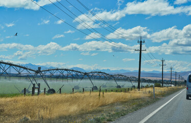 Irrigation Sprinklers, Spraying Water on Farm in New Zealand along Road 