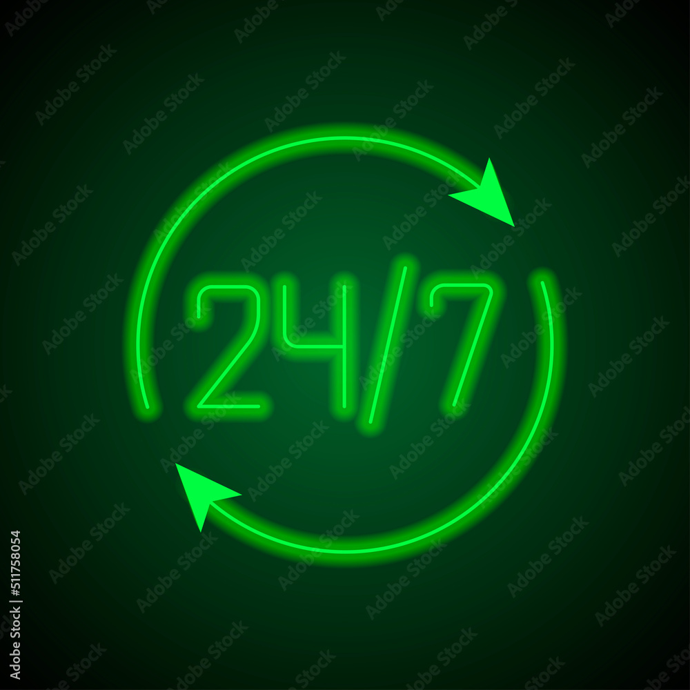 Poster 24h hours a day and 7 days a week simple icon vector. flat design. green neon on black background wi