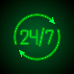 24h hours a day and 7 days a week simple icon vector. Flat design. Green neon on black background with green light.ai