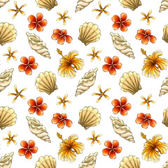 Obraz premium Seamless pattern with tropical summer elements, background with sea beach objects