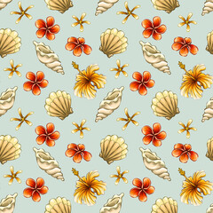Seamless pattern with tropical summer elements, background with sea beach objects