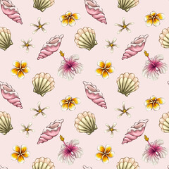 Seamless pattern with tropical summer elements, background with sea beach objects