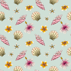 Seamless pattern with tropical summer elements, background with sea beach objects