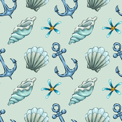 Seamless pattern with summer elements, background with sea objects