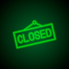 Closed banner simple icon, vector. Flat design. Green neon on black background with green light.ai