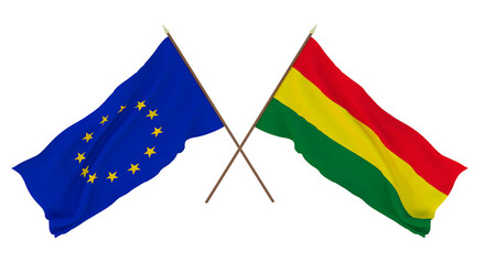 Background for designers, illustrators. National Independence Day. Flags The European Union and  Bolivia