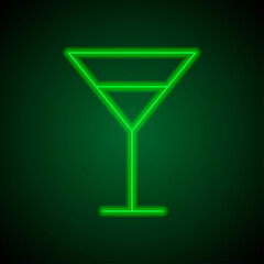 Cocktail glass simple icon vector. Flat design. Green neon on black background with green light.ai