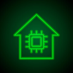 CPU, house simple icon vector. Flat desing. Green neon on black background with green light.ai