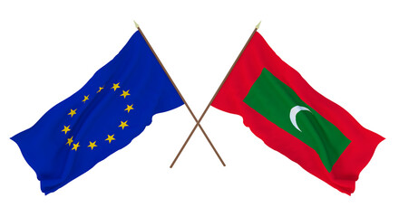 Background for designers, illustrators. National Independence Day. Flags The European Union and  Maldives