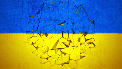 Metaphorical representation of the war between russia and ukraine, a wall with the ukrainian flag is destroyed,  rendering, 3d illustration