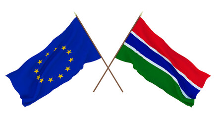 Background for designers, illustrators. National Independence Day. Flags The European Union and Gambia