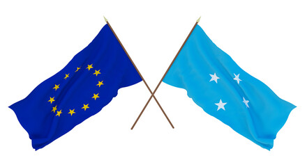 Background for designers, illustrators. National Independence Day. Flags The European Union and Micronesia