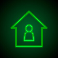 Human, house simple icon vector. Flat design. Green neon on black background with green light.ai