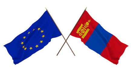 Background for designers, illustrators. National Independence Day. Flags The European Union and Mongolia
