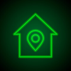 Location pointer, house simple icon vector. Flat design. Green neon on black background with green light.ai