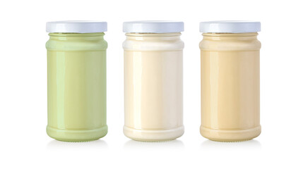 Glass jar can with dairy, dessert, yoghurt, cream, sour cream or sauce