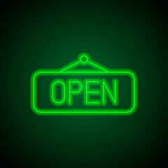 Open banner simple icon vector. Flat design. Green neon on black background with green light.ai