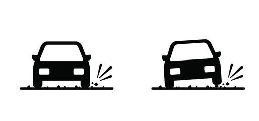 Beware, dirt road, stones, pebble or obstacles in the way, beware, car on the mountain pass, road. Vector traffic sign. Do not enter, danger, warning symbol
