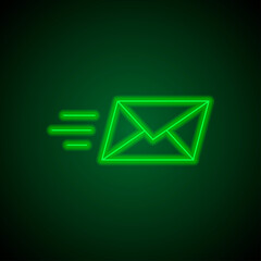 Send mail simple icon vector. Flat design. Green neon on black background with green light.ai
