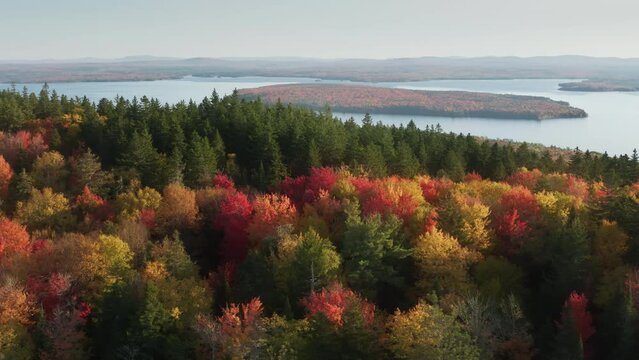 4K camera drone captures stunning autumn foliage colors and cinematic nature landscape on the lake. Moosehead lake in Maine Aerial footage by drone camera on sunset. Fall travel New England