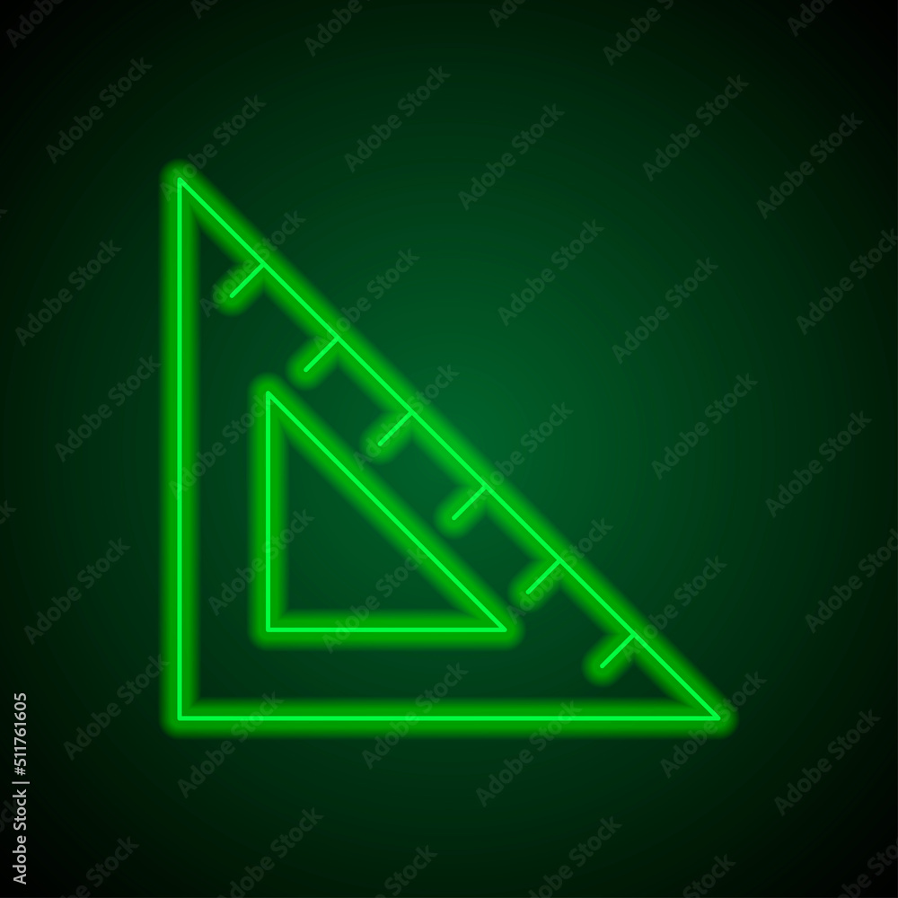 Poster triangle ruler simple icon vector. flat design. green neon on black background with green light.ai