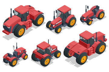 Isometric big agricultural tractor isolated on white, front and rear view. Used for pulling, pushing agricultural machinery, trailers, ploughing, tilling, disking, harrowing, planting © Golden Sikorka