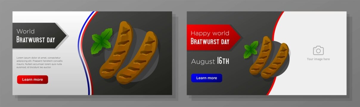 Happy world bratwurst day online banner template set, German sausages celebration advertisement, horizontal ad, August 16th sausage brats content marketing post, roasted meat creative brochure