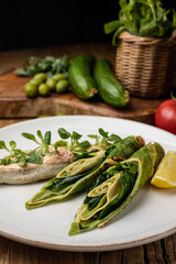 vegetarian pancakes on a plate on a wooden table
