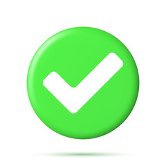 3D Right Button in Circle Shape. Green Yes or Correct Sign Render. Green Checkmark Tick Represents Confirmation. Right Choice Concept. Agreement, Approval or Trust Symbol. Vector Illustration