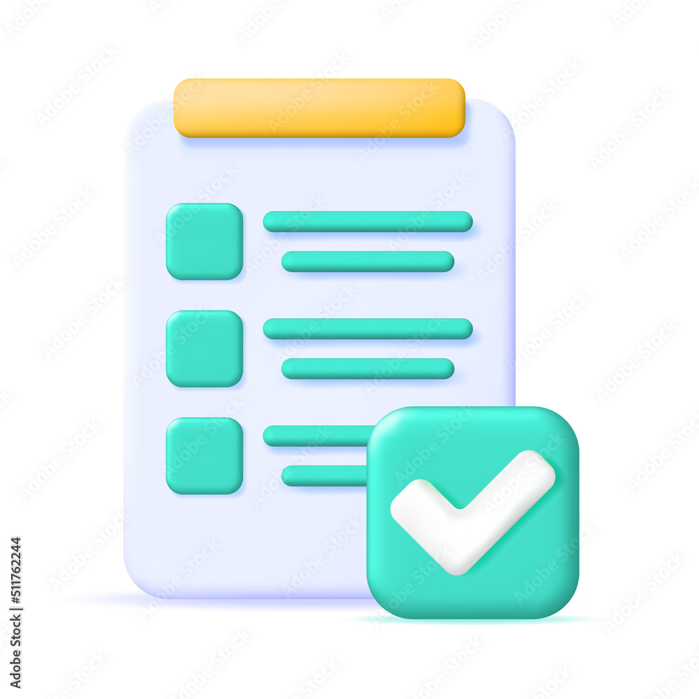 Poster 3d paper clipboard holder with checklist symbol. clipboard with paper sheet and green check mark ico