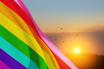Waving LGBT pride flag on sunset sky with flying birds, rainbow flag background. Multicolored peace flag movement. Original colors symbol. 3d-rendering.