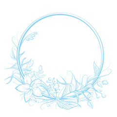 Circle frame with flower, leaf, berry and copy space. Blue and white doodle vector illustration for wedding or birthday card, label, decor, textile print, fairy tale book design. Cartoon outlined art