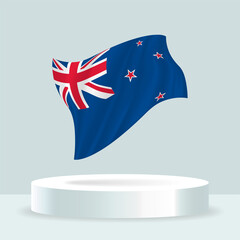 New Zealand flag. 3d rendering of the flag displayed on the stand. Waving flag in modern pastel colors. Flag drawing, shading and color on separate layers, neatly in groups for easy editing.