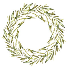 Watercolor Gold Olive floral wreath illustration, Botanical greenery round frame flower arrangement background for wedding stationery, rsvp, save the date, invitation, baby shower,nursery, diy
