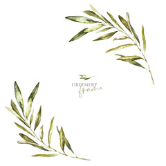 Watercolor Gold Olive floral wreath illustration, Botanical greenery round frame flower arrangement background for wedding stationery, rsvp, save the date, invitation, baby shower,nursery, diy