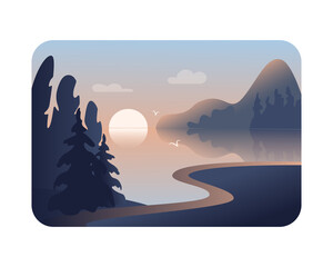 Early morning. Cartoon illustration of morning (evening) landscape with lake. Nature, silence, peace.