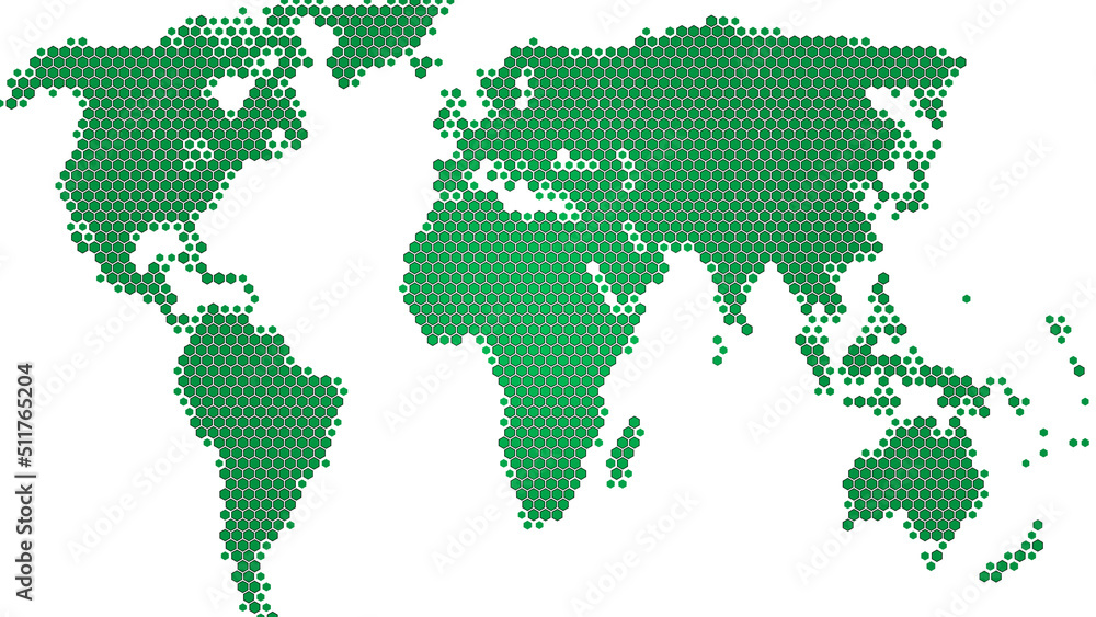 Poster world map made of green hexagons, white background. abstract world map in 4k resolution.