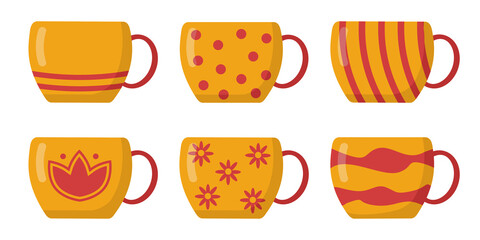 A set of bright autumn cups for tea in yellow-red color with a different print in a flat style. Vector image.