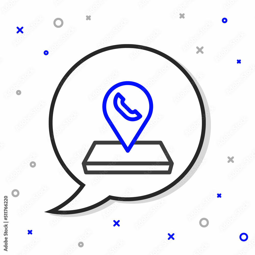 Poster line map pointer with telephone or communication icon isolated on white background. call center loca
