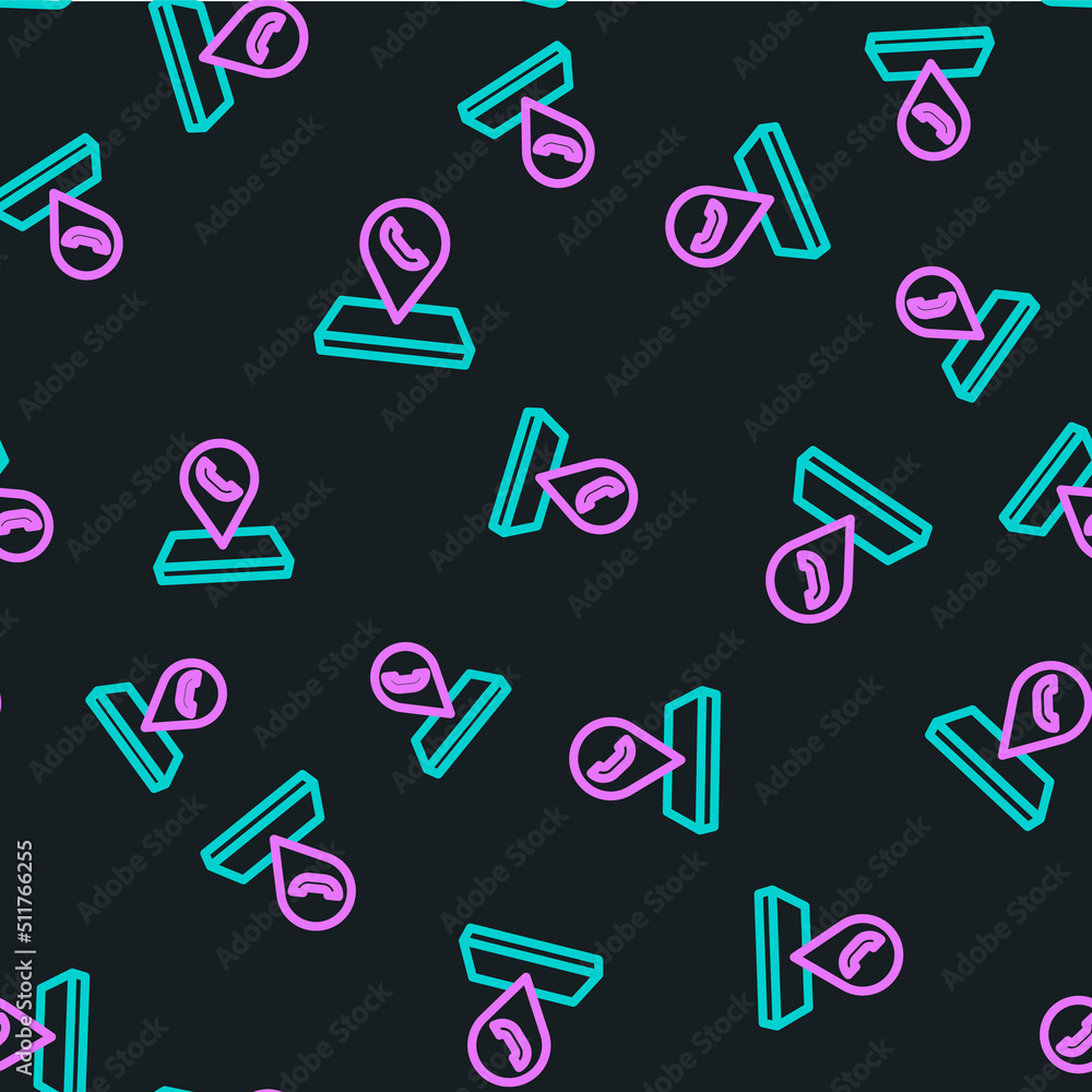 Poster line map pointer with telephone or communication icon isolated seamless pattern on black background.