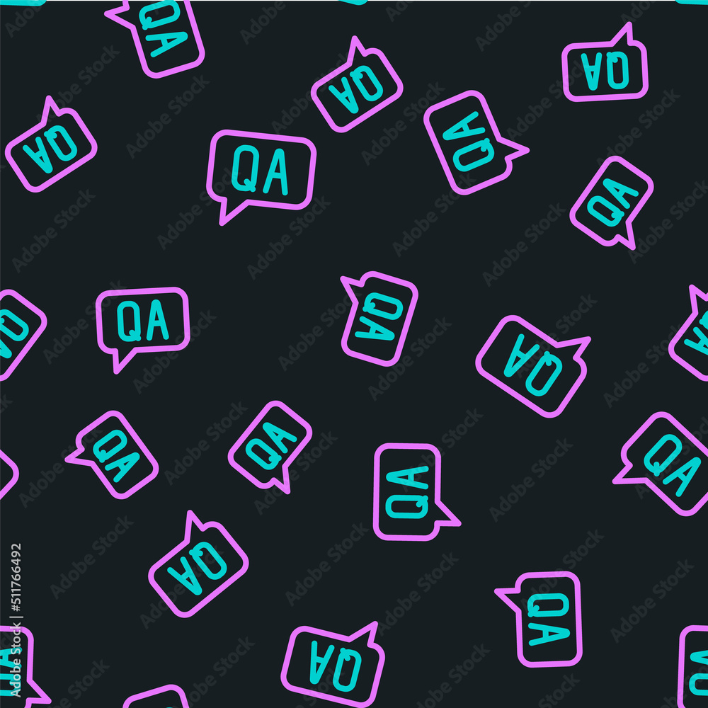 Poster line speech bubbles with question and answer icon isolated seamless pattern on black background. q a
