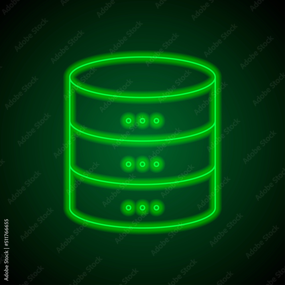 Poster Database simple icon vector. Flat design. Green neon on black background with green light.ai