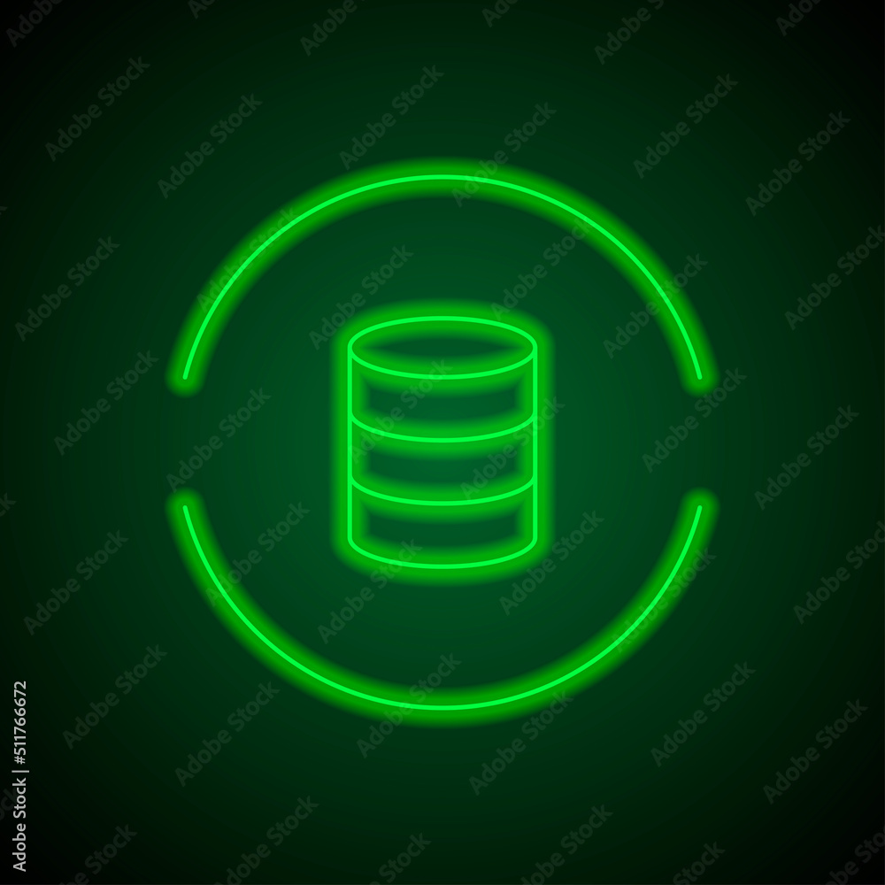 Poster Database simple icon, vector. Flat design. Green neon on black background with green light.ai
