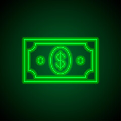 Dollar simple icon, vector. Flat design. Green neon on black background with green light.ai