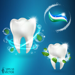 Whitening mint toothpaste, teeth cleaning and whitening, foam vortex. Mint paste and fresh leaves. Natural dental care product, protection and repair. 3d realistic vector illustration set