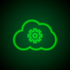 Gear, cloud simple icon vector. Flat design. Green neon on black background with green light.ai