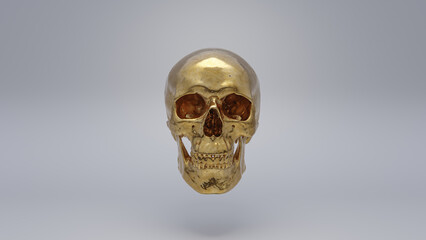 Human skull on white background, render 3d, gold material