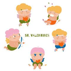 Cupid angels characters. Valentines day mascot in different poses. Hand drawn retro styled illustrations.